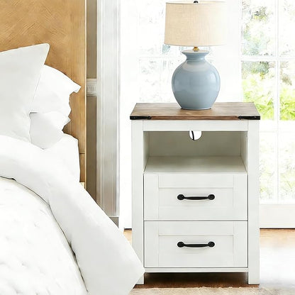 White Rustic Night Stand, Farmhouse End Table, Modern Bedside Table with 2 Storage Drawers and Open Shelf, Tall Nightstand for Bedroom