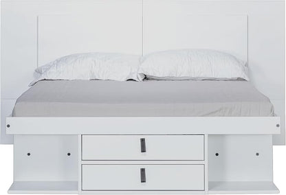 memomad Bali Slim Set: Storage Platform Bed with Drawers + Flat Panel Headboard (Full Size, White Wood)