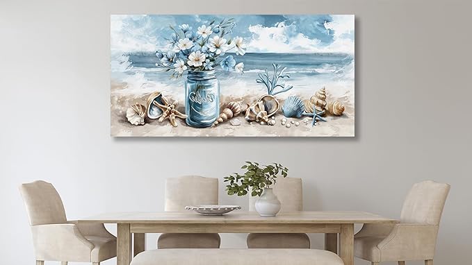 yearainn Coastal Canvas Wall Art - Rustic Jar Flowers Pictures Wall Decor Seashells Seaside Painting Artwork Ocean Landscape Prints for Living Room Bedroom Office Home Decor Ready to Hang 58" x 29"