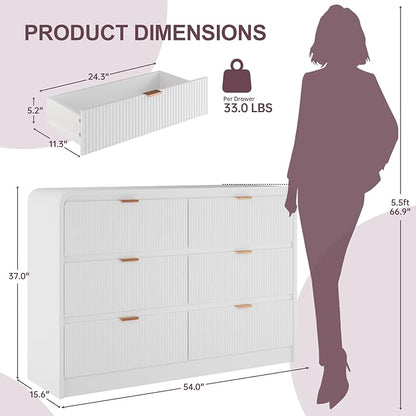FURSUN Fluted 6 Drawers Dresser for Bedroom, 54" Wide Wooden Dresser with Metal Handle, Curved Profile Design, Modern Storage Organizer for Bedroom, Living Room, Hallway, White
