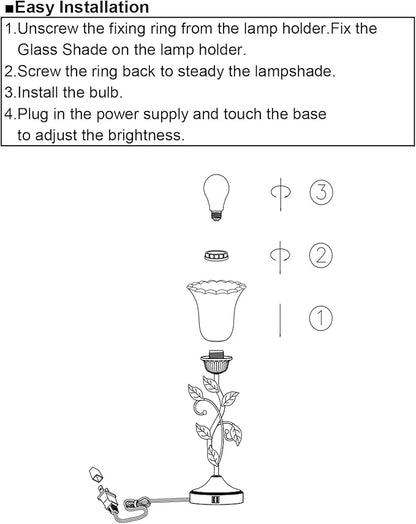 RORIANO Touch Bedside Lamp with 2 USB Charging Ports, 3-Way Dimmable Nightstand Lamps, White Glass Shade Vintage Rural Leaf Lamp for Living Room Tabletop Bedroom Side Table, LED Bulb Included