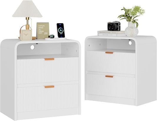 FURSUN 24" Fluted Nightstand Set of 2 with Charging Station, Wooden End Table with 2 Drawers Storage, Curved Profile Design, Modern Bedside Cabinet for Bedroom, White