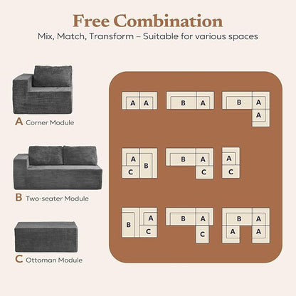 40" Modular Sectional Sofa, Upholstered Floor Sofa Couch with Pillow, Bean Bag Chair for Bedroom Living Room, No Assembly Required (Plush Corduroy Fabric, Grey)