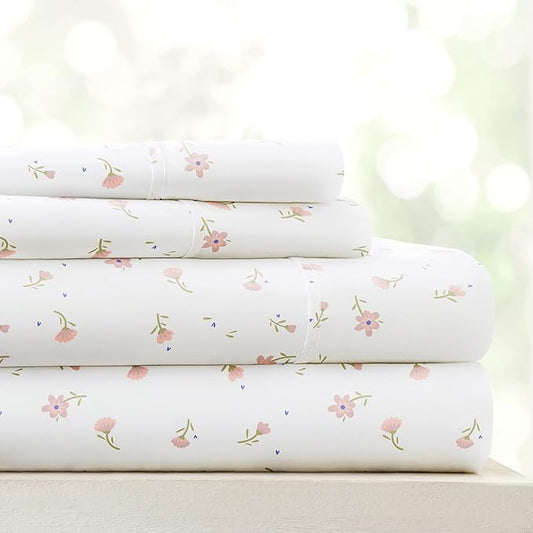 Linen Market Patterned Microfiber King Sheet Set 4 Piece – Oeko-TEX Certified Ultra Soft & Wrinkle-Free - 16" Deep Pocket Sheets - Easy Care King Size - Soft Floral Pink