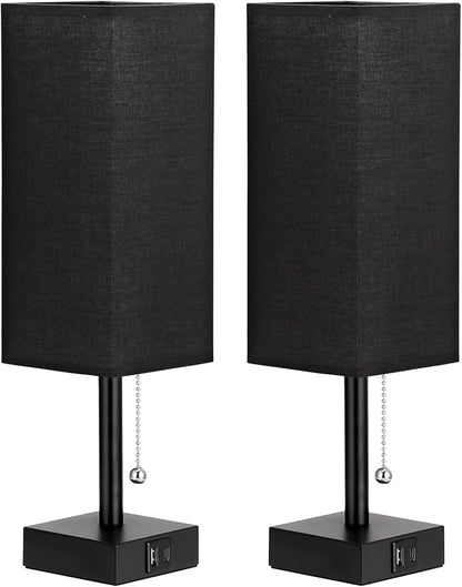 Bedside Table Lamps Set of 2 - Black Bedroom Lamps with 3 Color Temperatures (3000K/5000K/4000K), Two Square Nightstand Lamps with USB C + A Charging Ports, Pull Chain Small Night Light for End Table
