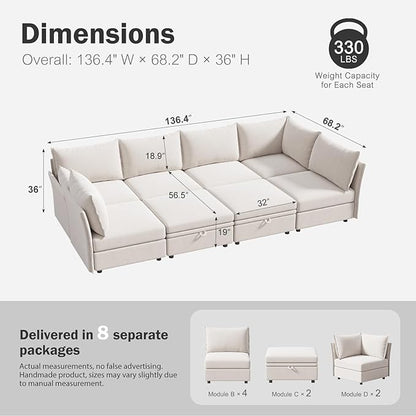 ABCASA 136.4" Oversized Modular Sectional Sleeper Sofa Bed, U Shaped Convertible Couch with Movable Ottoman, Large 8 Seat Corner Couches for Living Room Deep Seat White Chenille