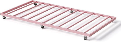 GarveeHome Twin Size Metal Roll Out Trundle Bed Frame with Wheels and Slats Support, Pink