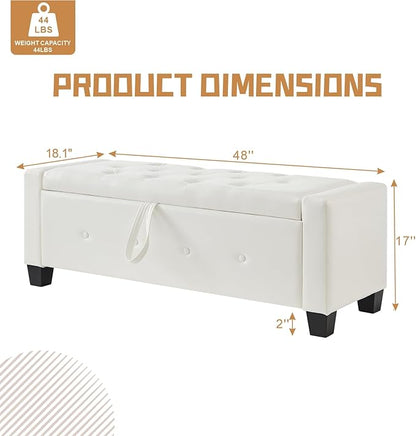 48” Storage Ottoman Bench, Upholstered Button-Tufted End of Bed Bench with Soft-Close Hinge & Solid Wood Legs, Foot Rest for Living Room, Bedroom, Hallway (Faux Leather, White)