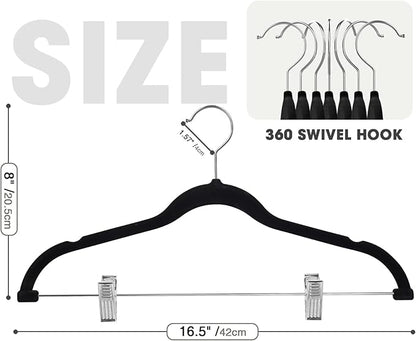 24-Pack Black Velvet Hangers with Clips Adjustable,Adult Hangers,Heavy-Duty,Felt,Non-Slip,Space Saving,Slim Outfit Hanger for Pants, Skirts, Suits,Coats, Dresses ect.