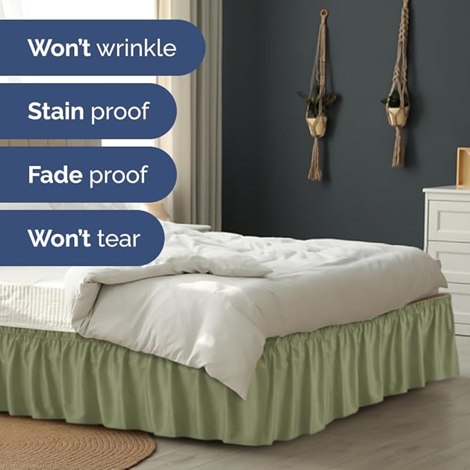 Wrap Around Dust Ruffle Bed Skirt - Sage Green - for Queen Size Beds with 21 Inch Drop - Elastic Strap - Adjustable Pleated Bedskirt with Brushed Fabric and Wrinkle Free - For Women, Men, Kids & Teens