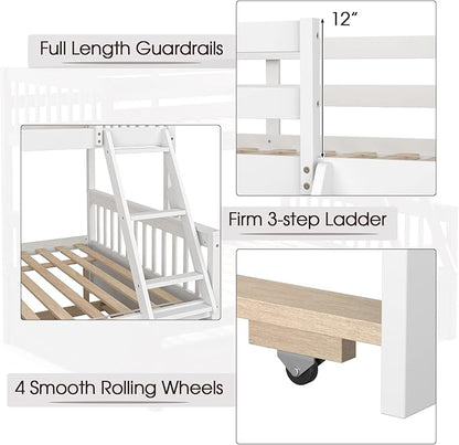 KOMFOTT Wood Twin Over Full Bunk Bed with Trundle, Bunk Bed Frame with Solid Pine Wood Frame, Space-Saving Bed Frame with Ladder & Safety Guardrails, No Box Spring Needed