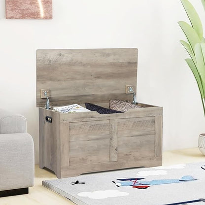 Timberer 31.5" Storage Chest, Wooden Storage Bench, Lift Top Toy Chest with 2 Safety Hinges, Large Toy Box, Entryway Shoes Bench for Living Room, Bedroom, Grey
