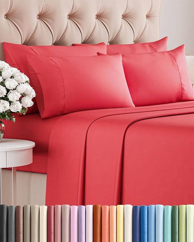 King 6 Piece Sheet Set - Cooling, Comfy & Breathable - Hotel Luxury Bedding - Includes Fitted Sheet for Women, Men, Kids and Teens - 1 Flat, 1 Fitted Sheet, 4 Pillowcases with Deep Pockets - Red