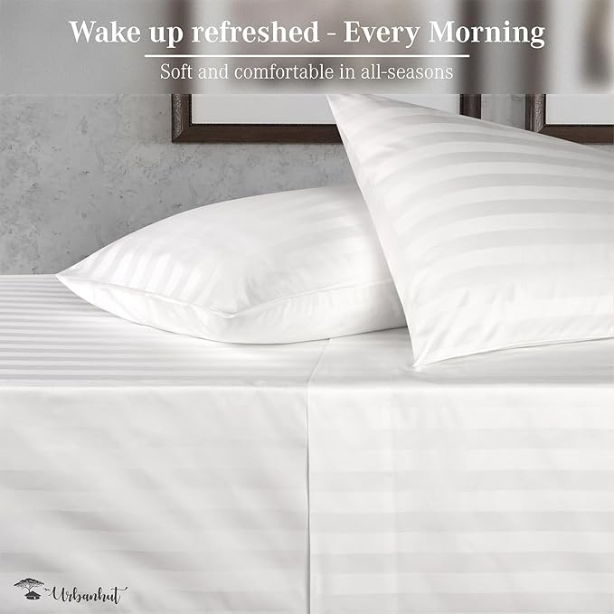 URBANHUT 800 Thread Count 100% Cotton Damask King Size Sheets, 4 Piece Striped King Size Bedsheets, Luxury Hotel Sheets Sateen Weave - Better Than Egyptian, 16" Elasticized Deep Pocket- White