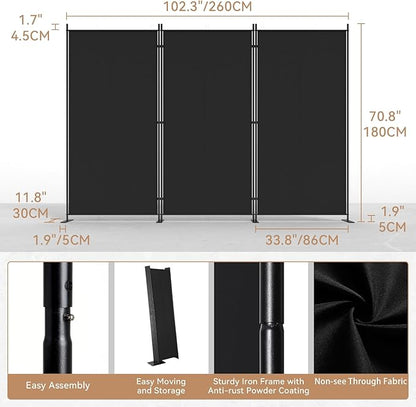 C-Hopetree 3 Panels Room Divider, 6 Ft Tall Indoor Folding Privacy Screen, Portable Partition Separator, Freestanding Separation Temporary Wall for Office, Bedroom, 102" W X 71" H, Black