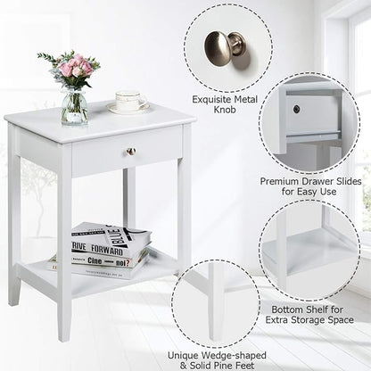 Giantex Nightstand Wooden 2-Tier Couch Sofa Side Table with Drawer, Storage Shelf, Solid Wood Legs,Mufti-Functional Home Furniture for Living Room Bedroom Study Room End Table (2, White)
