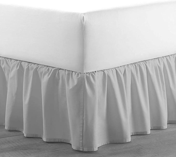 Light Grey Solid Ruffled Bed Skirt Queen-XL-6 Inch Drop Split Corner, Microfiber Bedskirt with Platform Three Sided Coverage