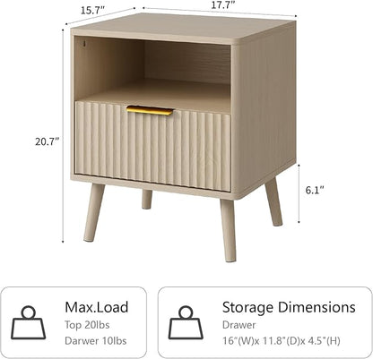 CARPETNAL Fluted Nightstand, Beige Bedside Table with Drawer and Storage Shelf, Wood End Table Mid Century Night Stands for Bedroom Living Room