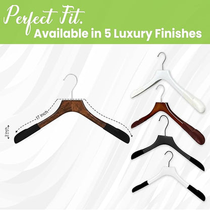 Premium Luxe Wooden Hangers for Women, Wide Shoulder Design for Dresses, Skirts, Sweaters & Blouses, Heavy Duty with Velvet Grip, Mahogany with Black Velvet, 12 pcs