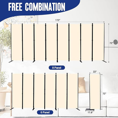 Room Divider Folding Privacy Screens with Wheels, 6FT Tall Divider for Room Separation, Movable Room Partitons and Dividers, Indoor Room Dividers Panel with Fabric (Beige, 8 Panel-176‘’-Flat Base)
