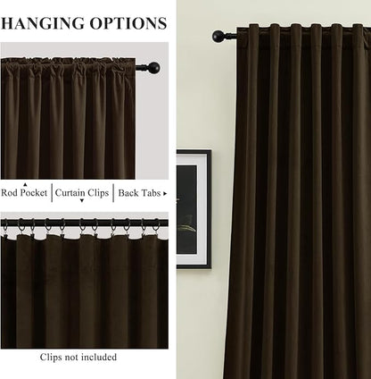 Brown Velvet Curtains Extra Long Room Darkening Drapes Super Soft Elegant Thermal Insulated Soundproof Privacy Window Curtains for Bedroom Living Room, Back Tab Rod Pocket, W52 x L108, 2 Panels