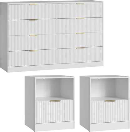 8 Drawer Dresser & Nightstand Set 3-Piece, 55” Wide Bedroom Set Night Stand Set of 2 with Metal Handle, Fluted Modern Wood Chest of Drawers Storage Dressers Set for Bedroom, White