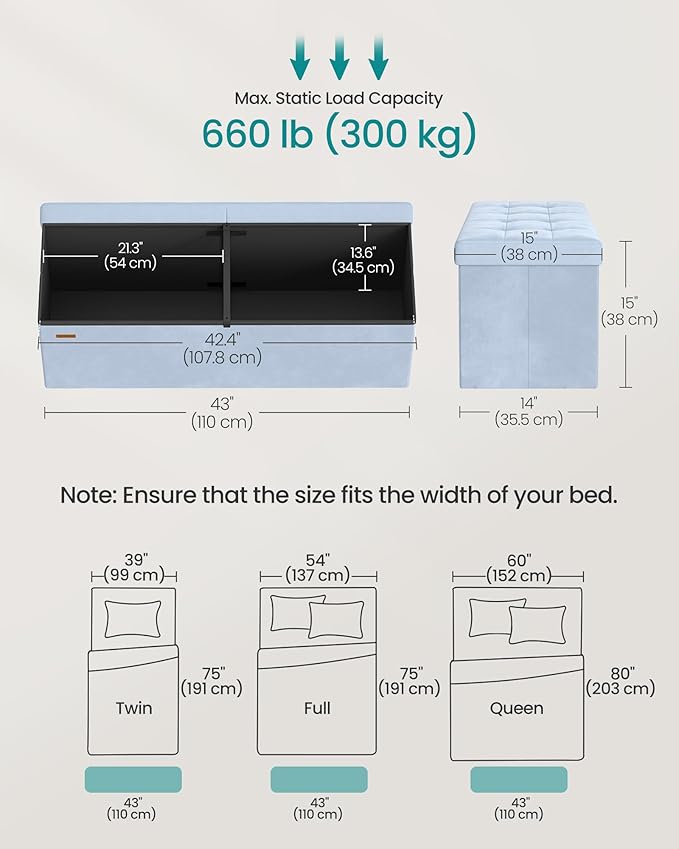 SONGMICS Mazie Collection - 43 Inches Storage Ottoman, Foldable Storage Bench with Flipping Lid, 660 lb Load Capacity, for Entryway, Living Room, Bedroom, Velvet Fabric, Pale Blue ULSF078QQ03