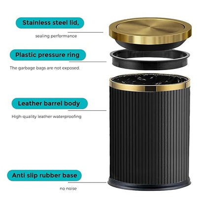 4 Gallon Bathroom Trash Can with Lid, Black Leather Garbage Can, Modern, Bedroom Wastebaskets, for Kitchen Powder Room Hotel Office (15L Black)