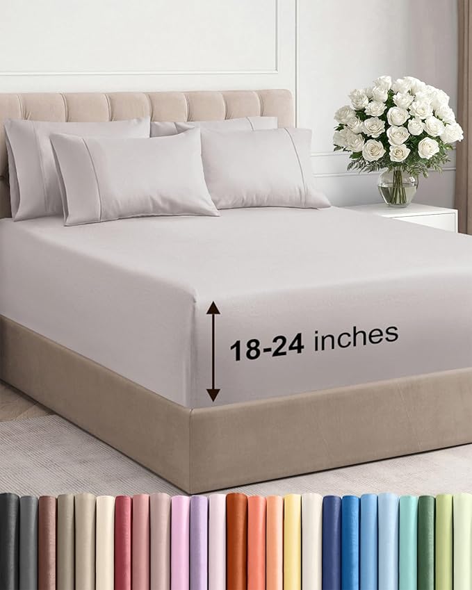 Extra Deep King Sheet Set - 6 Piece Breathable & Cooling Sheets - Hotel Luxury Bed Sheets Set - Easy & Secure Fit - Soft, Wrinkle Free & Comfy Sheets Set - Light Grey Sheet Set with Extra Deep Pockets
