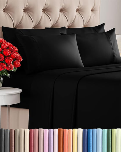 Queen 6 Piece Sheet Set - Cooling, Comfy & Breathable - Hotel Luxury Bedding, Includes Fitted Sheet for Women, Men, Kids and Teens - 1 Flat, 1 Fitted Sheet, 4 Pillowcases with Deep Pockets - Black