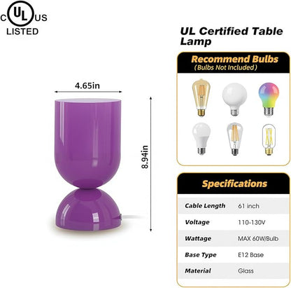 8.9" Modern Glass Table Lamp for Living Room, Dimmable Desk Lamps for Bedroom, UL Listed Nightstand Lamp with Dome Base, End Table Lamps for Home, Side Tables, College Dorm, Office, Glossy Purple