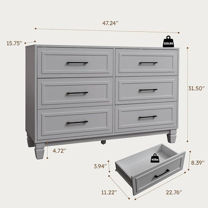 Farmhouse Dresser for Bedroom, 6 Drawer Dresser with Unique Solid Wood Legs, Modern Wide Chest Dressers for Clothes, Closet, Living Room, Grey