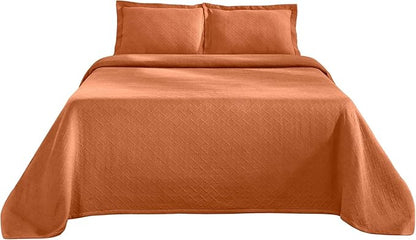 Superior 3 Piece Basketweave Cotton Bedspread Set, Home Bed Decor, Decorative Bed Spread, 2 Pillow Shams, Medium Weight Blanket, Matelasse Coverlet Bedding, Geometric Lattice Pattern, Queen, Mandarin