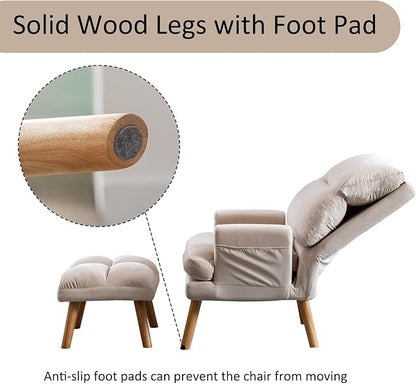 INZOY Accent Chairs with Ottoman Set, Modern Velvet Armchair with Adjustable Backrest, Comfy Lounge Chair for Living Room Bedroom, Creamy