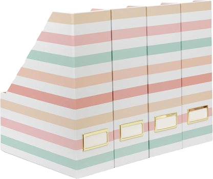 BLU MONACO Set of 4 Foldable Magazine Holders in Pastel Stripes | Cardboard Vertical File Organizer Boxes with Gold Label Holders | Stylish Paper Organizer for Desk, Office & Classroom