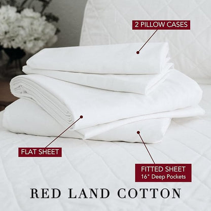 Red Land Cotton Luxury Sheet Set | 100% American Grown Cotton Basics | Premium Hotel Ultra-Soft Lightweight 4 Piece USA Made Deep Pocket Fitted, Flat Sheet, & Pillowcases Percale Weave (Queen/White)