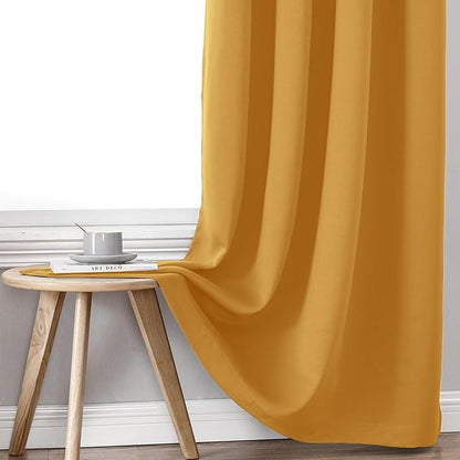 ChrisDowa 100% Blackout Curtains for Bedroom with Black Liner, 2 Thick Layers Total Blackout Thermal Insulated Grommet Window Curtains 2 Panels Set (Mustard Yellow, 52 x 45 Inch)
