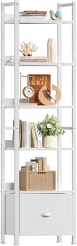 Furologee 6 Tier Bookshelf, Tall Shelf with Drawer, Wood and Metal Bookshelves Storage Organizer, Modern Display Shelving Unit for Bedroom, Living Room, Home Office, White
