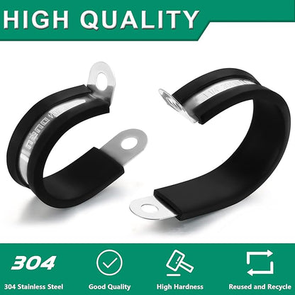 30PCS Stainless Steel Cable Clamps 9 Sizes—1/8" 3/16" 1/4" 5/16" 3/8" 1/2" 5/8" 3/4" 1" Rubber Coated Cushioned Insulated Cable Clamp,Automotive Cable Wire Clamps,Pipe Clamps(Black)