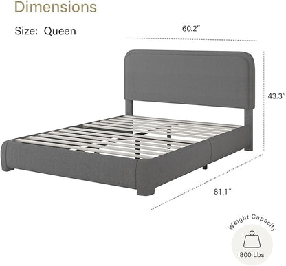 BarnFurin Queen Size Bed Frame, Boucle Upholstered Platform Bed Frame with Headboard, Modern Style, Soft Rounded Corners, No Box Spring Required, Easy Assembly, Dark Grey