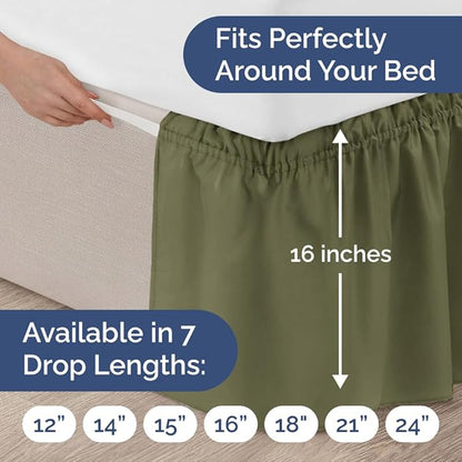 Wrap Around Dust Ruffle Bed Skirt - Sage Green - for Queen Size Beds w/ 16 Inch Drop - Easy Fit Elastic Strap - Adjustable Pleated Bedskirt with Brushed Fabric, Wrinkle Free Women, Men, Kids and Teens