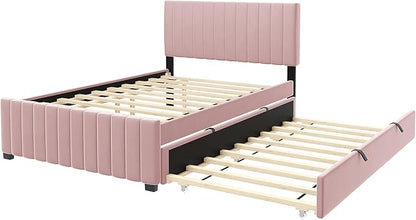 Full Bed Frame with Trundle Bed,Velvet Upholstered Platform Bed Frame,Full Size Trundle Bed with Headboard for Kids Teens Adults(Pink)