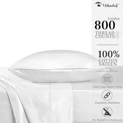 URBANHUT 800 Thread Count 100% Cotton Twin Size Sheets, Luxury 4 Piece Twin Bedsheets, Hotel Sheets Sateen Finish - Better Than Egyptian, 14" Elasticized Deep Pocket - White