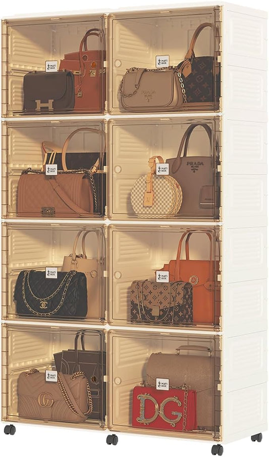 8 Cubbies Handbag Storage Organizer for Closet, Foldable Purse Display Cabinet with Magnetic Doors and Wheels, Fits Shoes&Boots, Books, Toys, and More