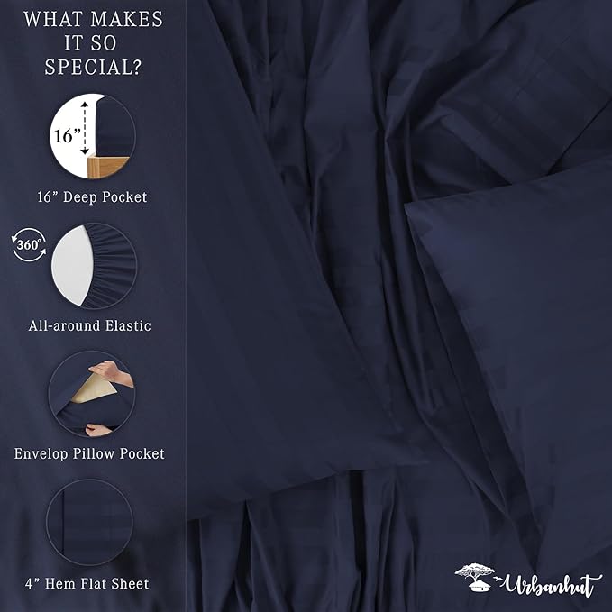 URBANHUT 800 Thread Count 100% Cotton Damask King Size Sheets, 4 Piece Striped King Size Bedsheets, Luxury Hotel Sheets Sateen Weave - Better Than Egyptian, 16" Elasticized Deep Pocket- Navy Blue