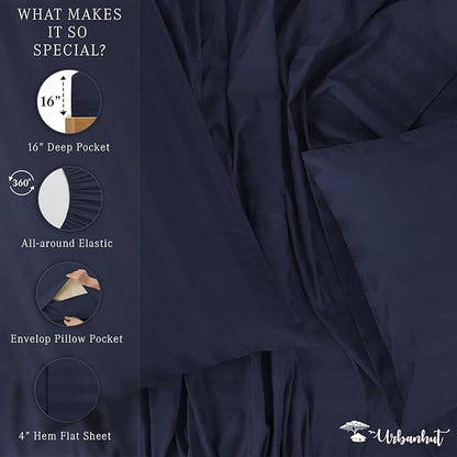 URBANHUT 800 Thread Count 100% Cotton Damask Full Size Sheets, 4 Piece Striped Full Size Bedsheets, Luxury Hotel Sheets Sateen Weave - Better Than Egyptian, 16" Elasticized Deep Pocket- Navy Blue