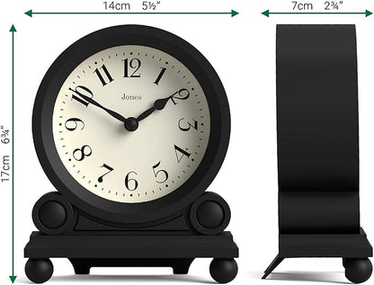 JONES CLOCKS® Maida Vale Mantel Clock | Small Traditional Desk Clock | Black | Pretty & Charming Ideal for Mantelpiece, Bookshelf or Bedside