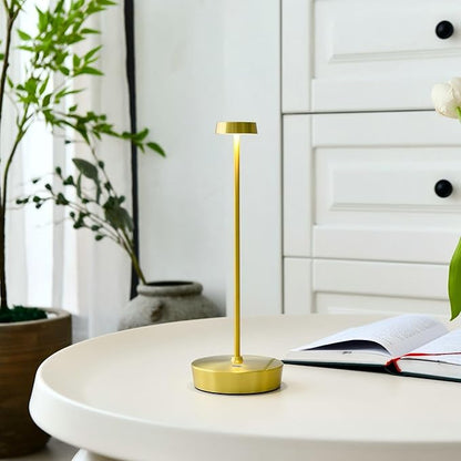 Cordless LED Table Lamp，Rechargeable Battery Desk Lamps, 3 Color Stepless Dimmable Metal Battery Table Lamps, Portable Waterproof Table Light for Indoor/Outdoor/Restaurant (2Pack Brass)