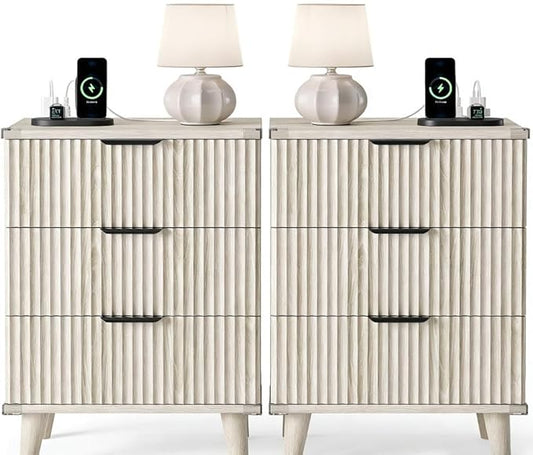 Lulive Wood Night Stand Set 2 Fluted Dresser for Bedroom 3 Drawers End Tables Nightstand with Charging Station, Side Table White Oak