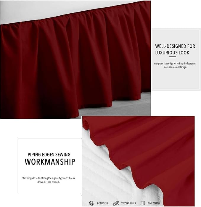 Burgundy Solid Ruffled Bed Skirt Twin XL-20 Inch Drop Split Corner, Microfiber Bedskirt with Platform Three Sided Coverage